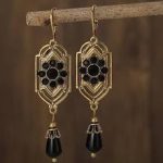 Antique Gold Color Long Water Drop Tassel Earrings for Women Vintage Black Stone Drop Dangle Earrings Jewelry